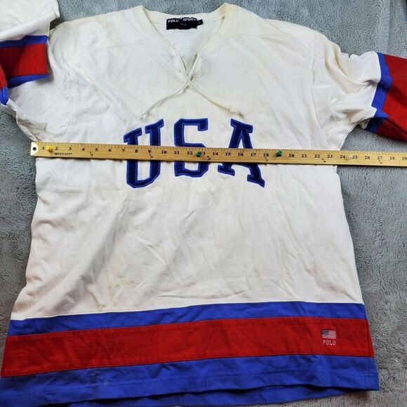 Polo Ralph Lauren Sport Spellout USA Pullover Mens L Red‎ White Blue Long Sleeve - Picture 5 of 10